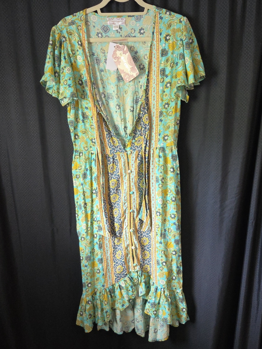Band of Gypsies Teal Floral Button-Front Midi Dress